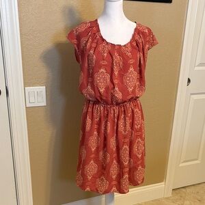 LC Lauren Conrad Orange and Cream Patterned Dress, Large